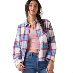NWT Francescas Shacket Medium Flannel Shirt Plaid Blue Long Sleeve Button Cotton
